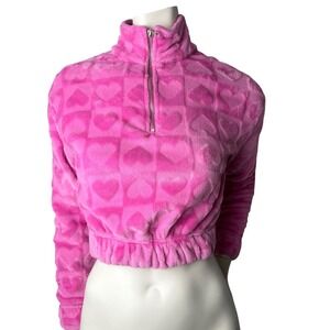 NOBO Pink Heart Pullover Plush Fleece Cropped Quarter Zip XS princesscore Y2K